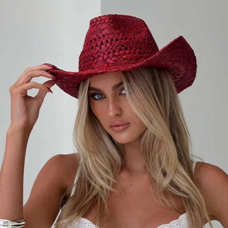 Cowboy Hat Straw - Kovboy şapkası kırmızı el-boyalı yaz hasır
