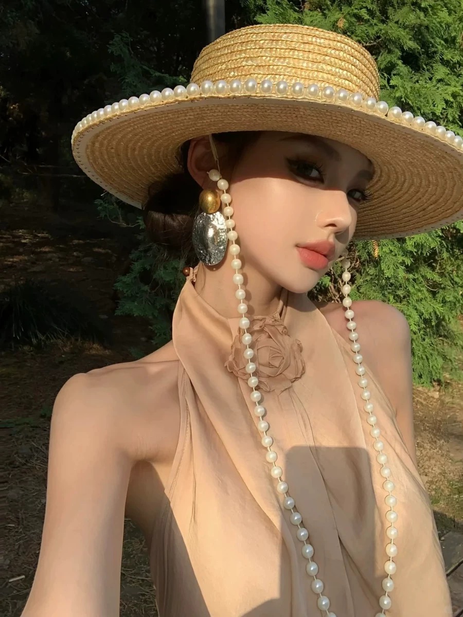 Yeni yaz moda inci zincir hası - Cowboy Hat Straw incelemesi ve fiyatı